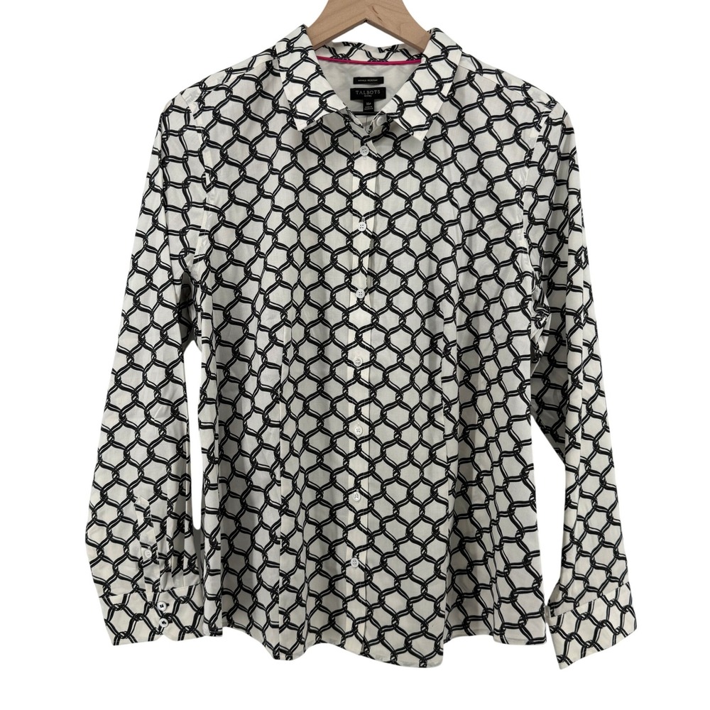 Talbots Wrinkle Resistant Long Sleeve Button‎ Blouse White Black Women 16 Petite